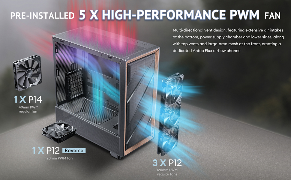 Antec FLUX Wood, 5 x PWM Fans Included, High-Airflow Front Panel
